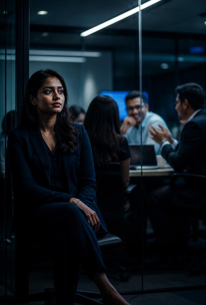 An IT professional sitting quietly at the edge of a meeting while colleagues talk