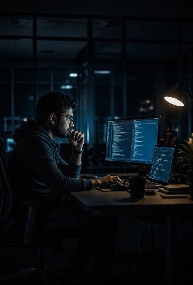 A software engineer working late alone in a dark office lit by monitor glow